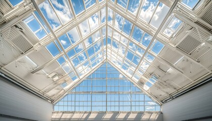 Obraz premium Exploring the triangular roof truss structure industrial space architecture skylight low angle view high fidelity