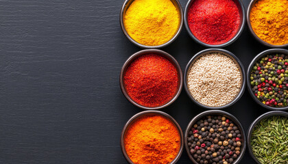 Colorful spices arranged in bowls create vibrant display, showcasing variety of textures and hues that enhance culinary experiences