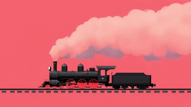 Stylish Vintage Steam Locomotive Traveling on Tracks with Soft Pink Background and Whimsical Steam Clouds