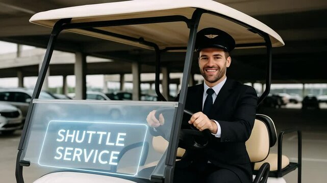 Shuttle service driver operating in parking facility urban environment professional viewpoint