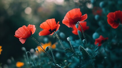 Vibrant Red Poppies Blooming In A Softly Focused Green And Yellow Floral Field