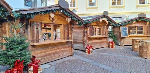 Christmas market on the main square in the center of Ortisei, Italy.