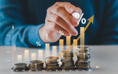 Businessman with percent interest rates business financial investment, business growth, money, stock market, chart,  investment funds, percent commission and banking, marketing, profit