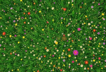 Abstract aerial view of a vibrant green meadow textured with wildflowers, bloom, lush