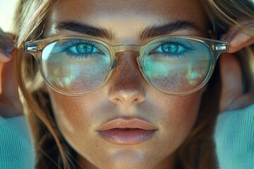 Businesswoman Holding Glasses in Modern Office Corridor