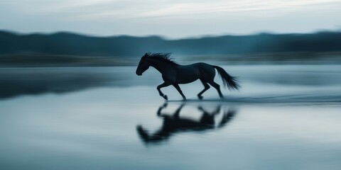 Obraz premium Majestic Horse Running: A stunning image showcases a lone horse running through the water. Captured in perfect light, a symbol of freedom and power.