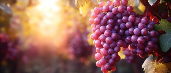 Fototapeta premium Vineyard of Ripe Purple Grapes Hanging on Vine in Soft Natural Daylight