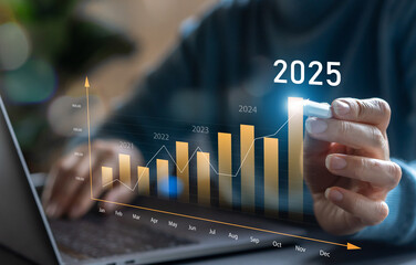 Human with 2025 new year target sale profit and arrow business financial investment graph, business...