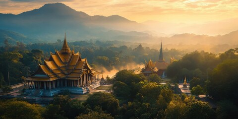 Obraz premium Golden Temple and Misty Mountains: A breathtaking vista unfolds, revealing a majestic temple with gilded spires nestled amidst lush green trees and enveloped in a serene, ethereal mist.