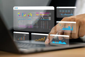 Business analytics, complex data with dashboards, multitasking expert data analyzing financial statistics, market research and digital marketing metrics, KPI, ROI, big data, financial planning