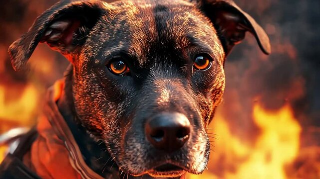 hero firefighter dog with fire background. 4k video