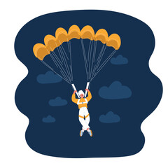 Cartoon vector illustration of a woman skydiving with a parachute, symbolizing freedom, adventure, and bravery against dark background