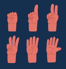 Cartoon vector illustration of hands counting with fingers, symbolizing progress and the steps toward achieving success against dark background