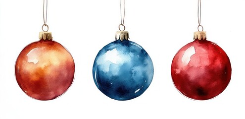 Three Christmas Ornaments Hanging Watercolor Soft Pastel Baubles