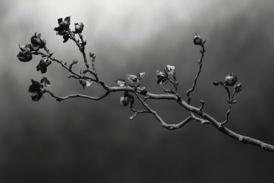 Branch Of Flowers. Grayscale Image of Blooming Flowers on Tree Branch