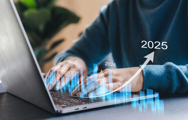 Human with 2025 new year target sale profit and arrow business financial investment graph, business...
