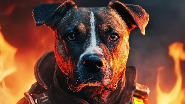 hero firefighter dog with fire background. 4k video