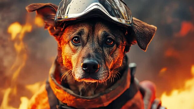 hero firefighter dog with fire background. 4k video