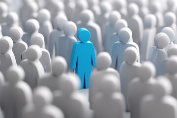 Obraz premium The blue figure of the leader is surrounded by a crowd of an abstract people. Leadership and team management