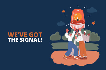 Cartoon vector illustration of people in a group holding a flashing light, symbolizing celebration, unity, and drawing attention to a collective achievement