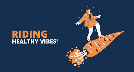 Cartoon vector illustration of a woman flying on a carrot like embarking on a whimsical, imaginative adventure against dark background