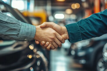 Business Partners Shaking Hands in an Automotive Dealership, Symbolizing Trust and Collaboration in the Car Industry Setting