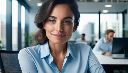 Una mujer directiva joven empresaria con camisa azul sentada en una oficina o despacho mirando sonriente con confianza y seguridad en su trabajo