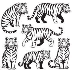 Obraz premium Set of big tigers. Collection of portraits of predatory wild cats. Set of wildlife and fauna dwellers. Vector Black silhouettes. illustration on a white background. Tattoo.
