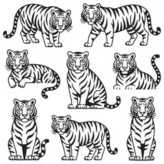 Obraz premium Set of big tigers. Collection of portraits of predatory wild cats. Set of wildlife and fauna dwellers. Vector Black silhouettes. illustration on a white background. Tattoo.