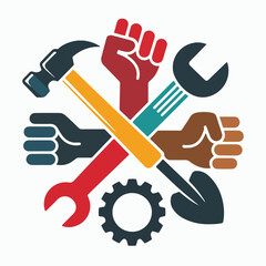 international workers labor day vector icon collection silhouette wrench hammer helmet gear