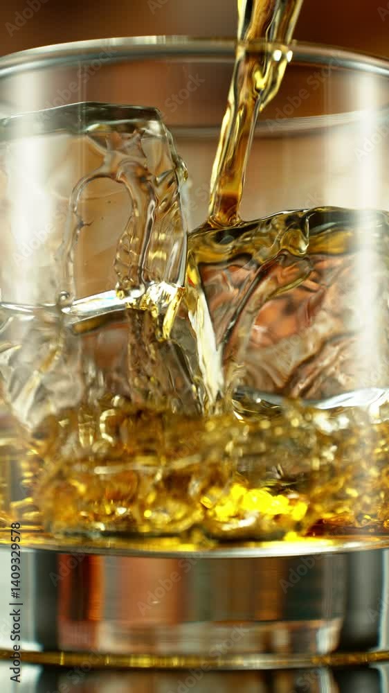 Poster super slow motion of pouring whiskey into glass. filmed on high speed cinema camera, 1000 fps. bar o