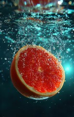 macro shot of a bright red grapefruit falling into crystal clear water