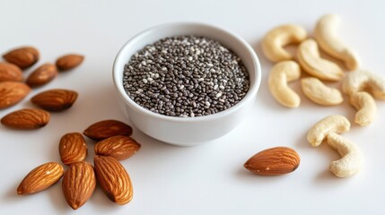 Nutty Mix of Almonds, Cashews, and Chia Seeds in White Bowl