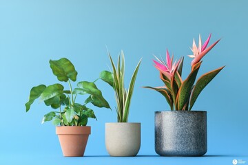 Three potted houseplants against a light blue backdrop.