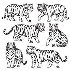 Obraz premium Set of big tigers. Collection of portraits of predatory wild cats. Set of wildlife and fauna dwellers. Vector Black silhouettes. illustration on a white background. Tattoo.