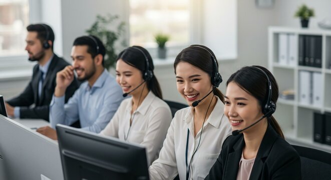 Smiling agents at a customer support center assisting with technology.