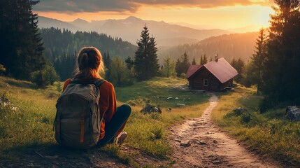Fototapeta premium Woman Sitting On Trail Viewing Sunset Over Lush Green Forest and Wooden Hut