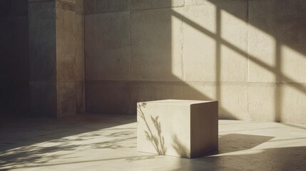 Minimalist Concrete Cube in Sunlit Room with Plant Shadows