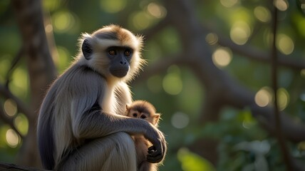 Obraz premium long tailed macaque mother and baby