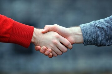 Hands of Two Individuals Engaging in a Firm Handshake Symbolizing Agreement, Cooperation, or Partnership Against a Subtle Background Blur