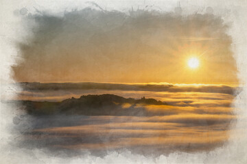 A rural British countryside winter landscape digital watercolour illustration of Ramshaw Rocks in the mist and fog.