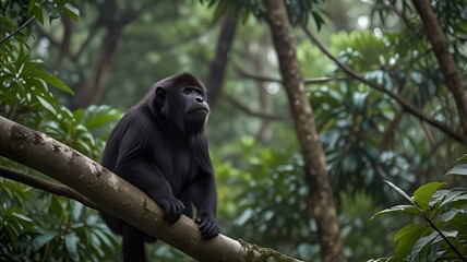Obraz premium Howler monkey rests on a mossy perch, surrounded by the rich greens of its forest home.