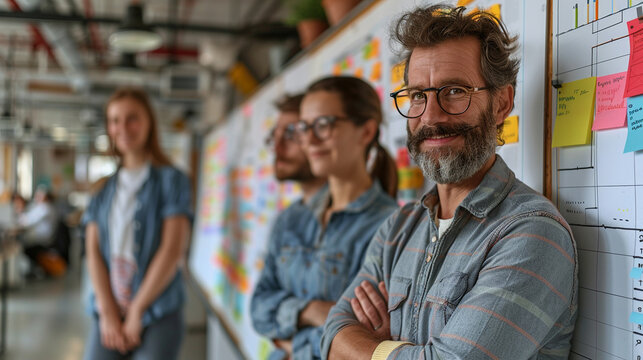 Business Manager Explaining Phased Business Strategy To Colleagues, Standing Beside A Timeline Graph On Smart Screen, Open Office Interior, Copy Space Right 