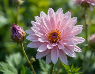 Obraz premium Pink Dahlia Flower Blooming in Garden with Bud and Green Leaves