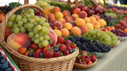 seasonal fruits Colorful display of fresh fruits in baskets at a market, showcasing a variety of berries, apples, and grapes.