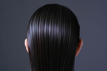 Back view of asian female's wet sleek hair against dark background