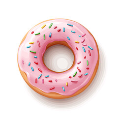 Colorful strawberry glazed donut with sprinkles in a clean cartoon vector style, no shadow, isolated on white background