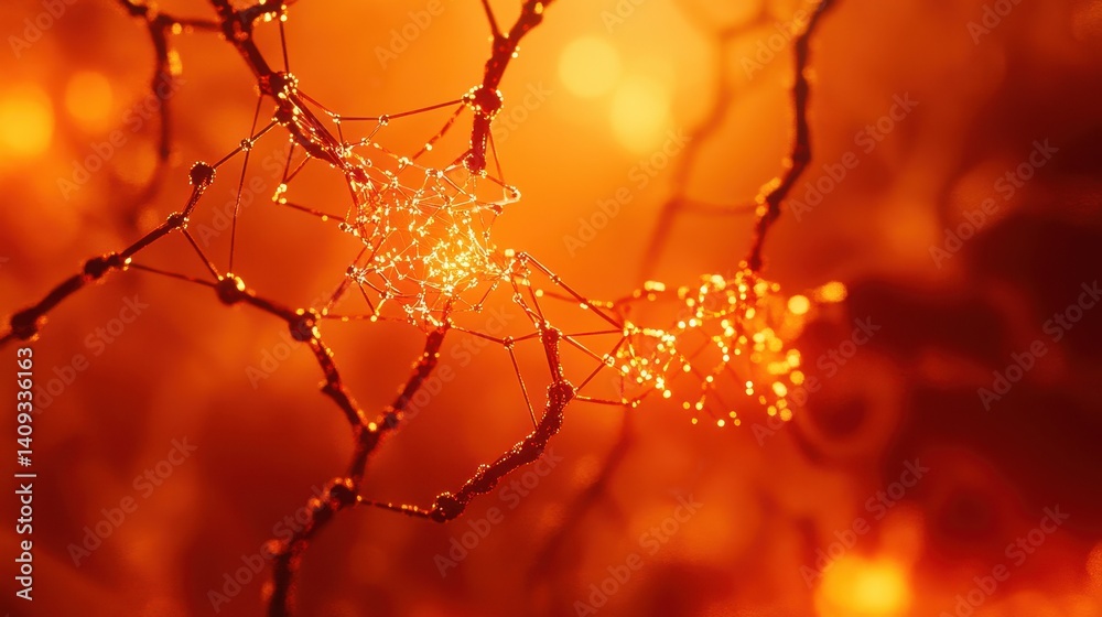 Poster abstract neural network: intricate web-like structures resembling neurons, glowing with an orange hu