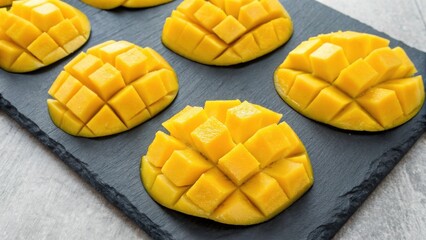 seasonal fruits Freshly cut mango pieces arranged neatly on a dark slate board.