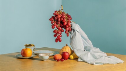 seasonal fruits A still life arrangement featuring grapes, apples, and a cloth on a wooden table against a blue background.